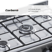 Corberó - Cocina de gas butano 5 fuegos | CC510GB90X | 80x90x60 | Horno de 60L con puerta doble | Wok en el centro | Encendido manual | Cajón calientaplatos | Bandeja y parrilla cromadas | Con tapa | Inox