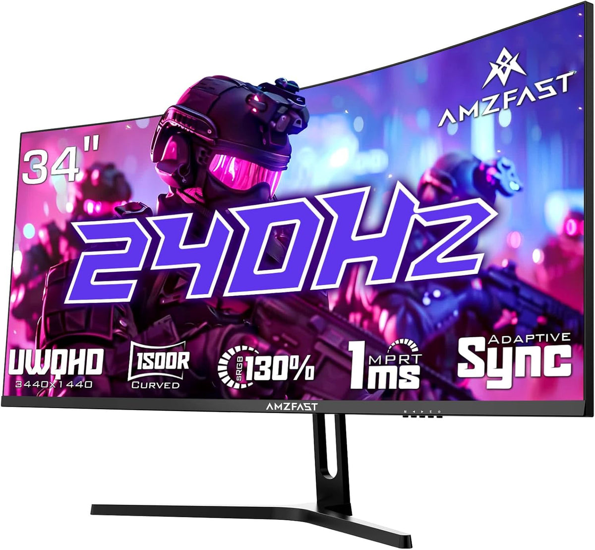 Monitor Gaming Curvo Amzfast de 34 pulgadas, 240Hz, UWQHD 3440x1440 (21:9), 1 ms MPRT, Eyes Care, sRGB 130%, Adaptive Sync, HDR, HDMI 2.1 * 2, DP 1.4 * 2, VESA 75x75, PIP/PBP, AMZG34C5QPro