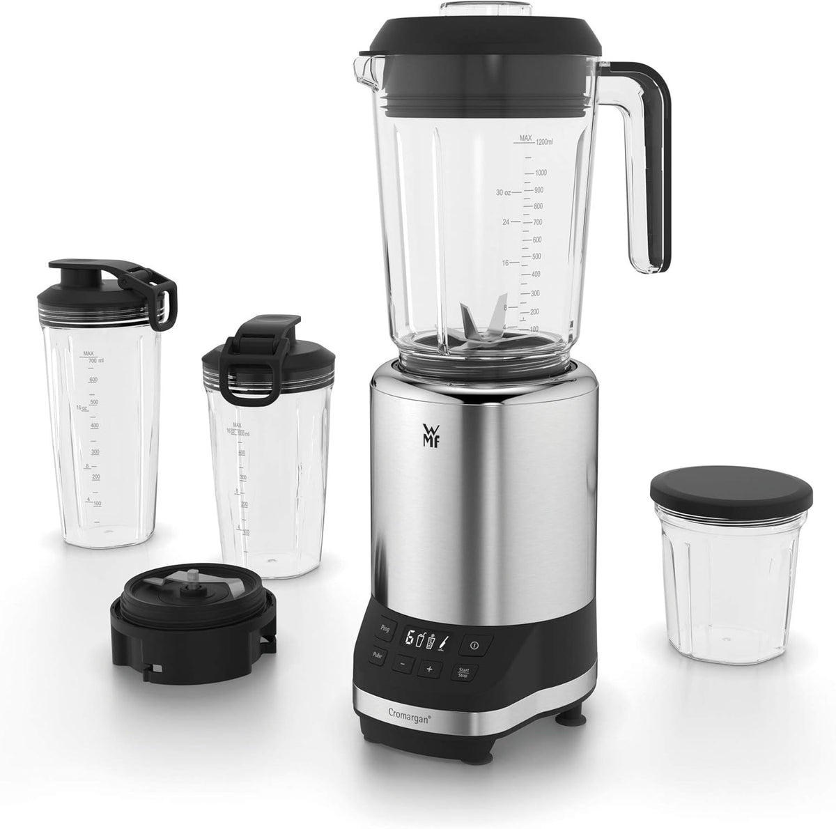 WMF Kult Pro Batidora multifunción de alta potencia, 30.000 rpm, licuadora para smoothies, batidora de vaso, función para picar hielo, 4 vasos mezcladores incl. tapa To-Go