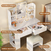 Tocador Devoko con espejo, mesa de maquillaje con espejo LED de brillo ajustable, tocador con taburete, 2 cajones, 4 estantes, moderno, 90 x 40 cm, blanco