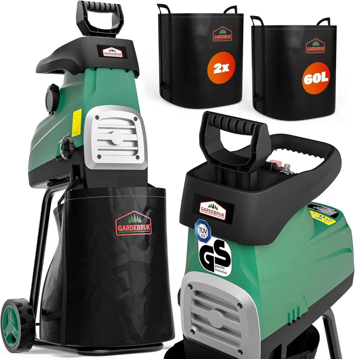 Trituradora de rodillo eléctrica DBHC002 3100 W hasta 44 mm de grosor de rama con 2 bolsas de recogida de 60 L