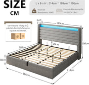 Cama FEONASE 180x200 con almacenamiento, cama tapizada de 180x200 cm con iluminación LED y estación de carga, estructura de cama con elevación hidráulica y cabecero de lino con almacenamiento, somier, sin colchón, gris claro