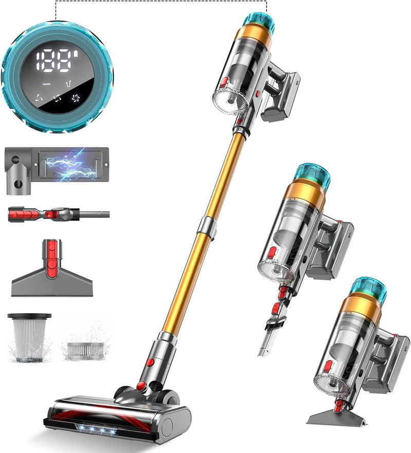Aspiradora escoba sin cable 55KPA/600W, 55 minutos de autonomía, aspiradora sin cable potente con carga de pared y pantalla inteligente, aspiradora escoba potente para pelo de mascota/alfombras/suelos duros