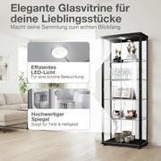 Vitrina de cristal de 2 puertas (176x67x33 cm) - Fabricada en Alemania - Vitrina de pie negra con 4 estantes de cristal ajustables, espejo, cerradura y LED - Vitrina de cristal de pie - Coleccionista
