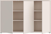 Cómoda Forte Alice Springs 150 155, aparador grande con 3 puertas de armario, pasillo, salón, dormitorio, madera de ingeniería, beige cachemira, 154,2 cm de ancho x 99,1 cm de alto x 34,9 cm de profundidad
