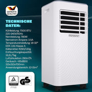Aire acondicionado portátil Monzana® MZKA2000, manguera de escape, 7000 BTU, 3 en 1, 750 W, temporizador 24 h, 25 m², mando a distancia, deshumidificador, kit de sellado para ventanas, climatizador
