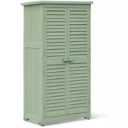 Cobertizo de almacenamiento exterior resistente a la intemperie de 63 pulgadas, con estantes extraíbles, cerraduras, puertas dobles con persianas, cobertizo alto de madera para herramientas de jardín con piso para patio, jardín