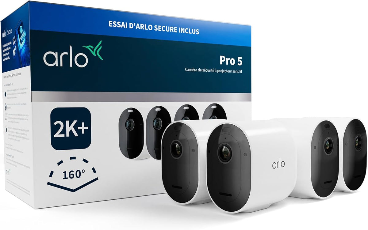 Arlo Pro 5 2K, Cámara de Vigilancia WiFi Exterior Inalámbrica, Visión Nocturna en Color Avanzada, Iluminación, Sirena y WiFi de Doble Banda, Prueba de Suscripción Secure Incluida, 4 Cámaras Blanco