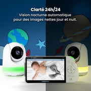 Babysense - Vigilabebés Full HD con pantalla dividida - Con 2 cámaras - Luz nocturna de 6 colores - Máquina de ruido y luz - Batería de 20 horas - Conexión segura sin WiFi