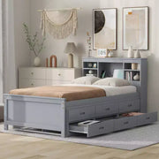 Cama tipo plataforma con nido y cajones, cama tipo plataforma con almacenamiento y USB, cama tipo plataforma de madera con estantería