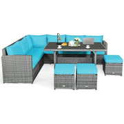 Conjunto de muebles de comedor para patio de 7 piezas de ratán con sofá seccional, mesa de comedor, otomanas y cojines