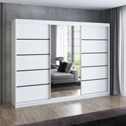 A&J MöbelLand Armario de puertas correderas VILUNO 2, armario de 3 puertas de 200 cm con espejo, 4 cajones y 2 barras para colgar ropa, armario espacioso para dormitorio (blanco)