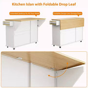 Isla móvil de 55 pulgadas con toma de corriente y mesa plegable, carrito de isla de cocina con ruedas y gabinete para almacenamiento de basura para cocina