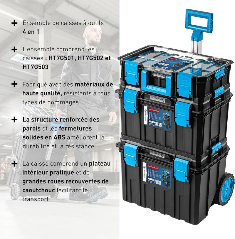 Högert Technik - Juego de cajas 4 en 1 HT7G500, herramientas de bricolaje, caja de herramientas, caja de herramientas con ruedas, resistente a daños, maletín de herramientas, cierres de ABS, estructura modular