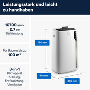 De'Longhi Pinguino PAC EM82, aire acondicionado portátil para habitaciones de hasta 80 m³, 9.400 BTU, 2,4 kW, 63 dB, función de deshumidificación, clase energética A, temporizador 24 h, blanco