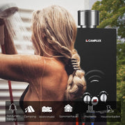 CAMPLUX BW158BC-DE Calentador de agua a gas sin tanque con cubierta impermeable, calentador portátil de GLP, 6 litros, 12 kW, 50 mbar, ducha de camping