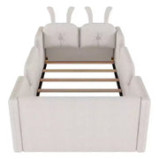 Cama plataforma doble Whisen, cama de suelo tapizada para niños con cojín de conejo, barandillas laterales extraíbles