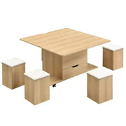Mesa de centro elevable moderna multifuncional Zeus & Ruta con almacenamiento oculto, 4 taburetes y ruedas, perfecta para espacios modernos