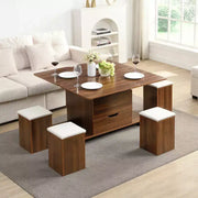 Mesa de centro elevable moderna multifuncional Zeus & Ruta con almacenamiento oculto, 4 taburetes y ruedas, perfecta para espacios modernos