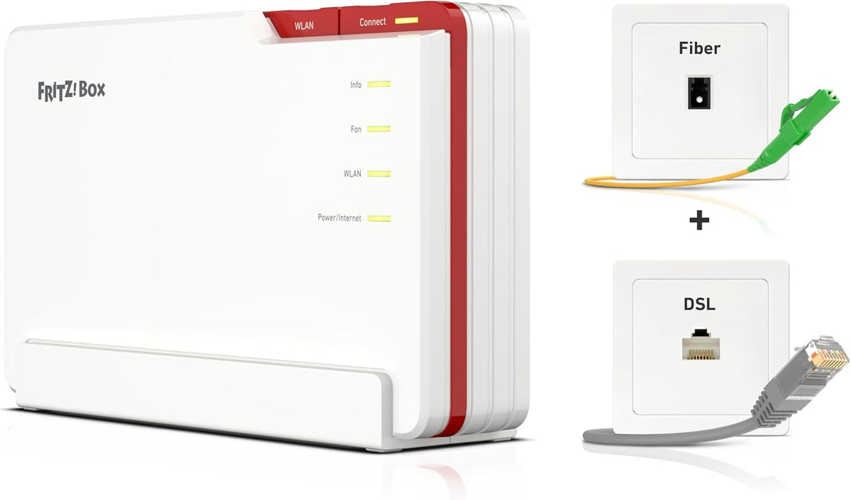 FRITZ!Box 5690 Pro (Router Wi-Fi 7 Premium DSL y de fibra óptica con tribanda (2,4 GHz, 5 GHz, 6 GHz) de hasta 18,5 Gbit/s, para conexiones de fibra óptica y DSL, red Wi-Fi Mesh, base DECT, versión en alemán)