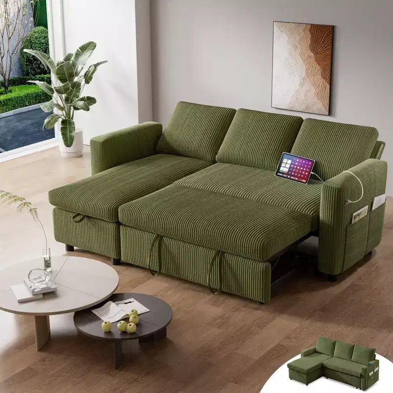 Sofá cama Dyonery 81, sofá seccional en forma de L, sofá extraíble con respaldo reclinable, puertos USB