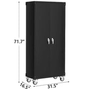 Gabinete de almacenamiento de metal para garaje de alta resistencia de 72 pulgadas con ruedas - Puertas con cerradura - 4 estantes ajustables - Organizador de tablero perforado - Casillero de herramientas móvil