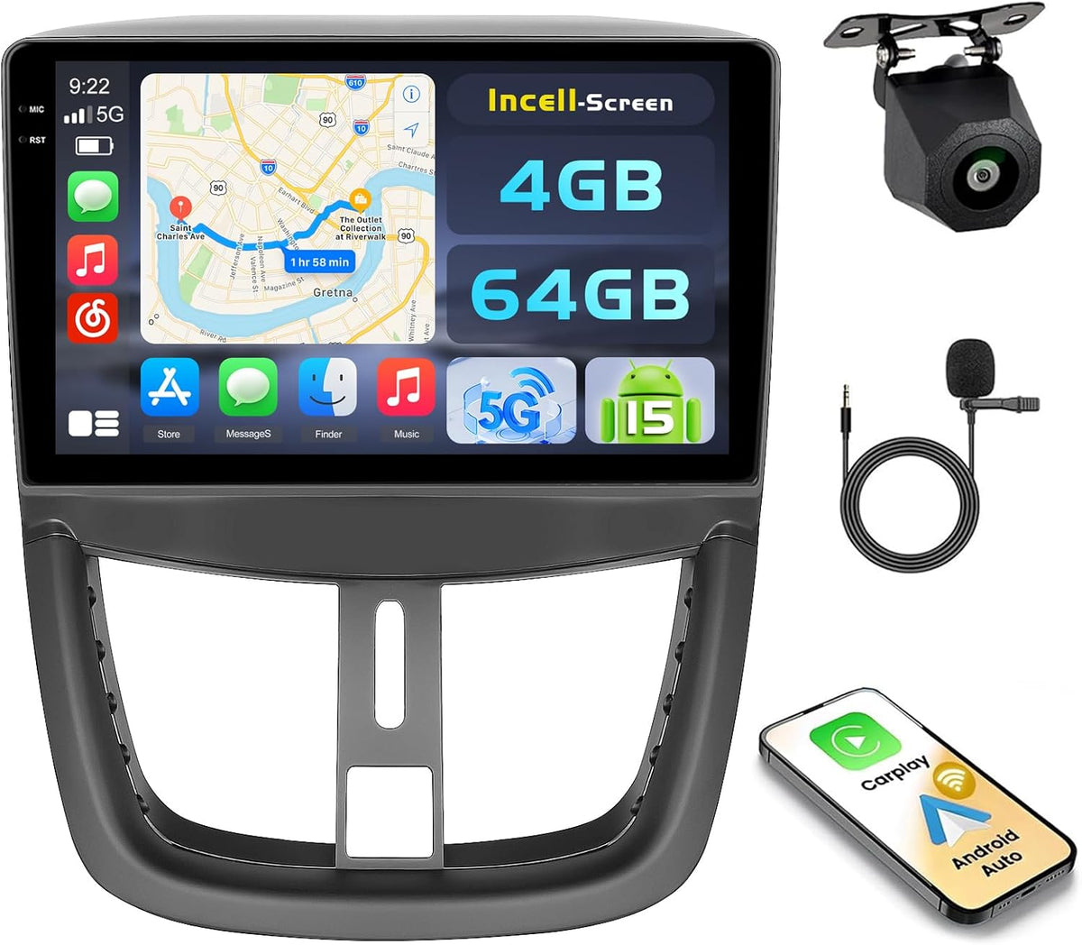 Autorradio Hikity Android 15 4+64 GB con pantalla táctil Incell de 9 pulgadas para Peugeot 207 2006-2010, radio de coche con Apple CarPlay y Android Auto inalámbricos, BT/WiFi/FM/RDS + cámara de visión trasera + micrófono
