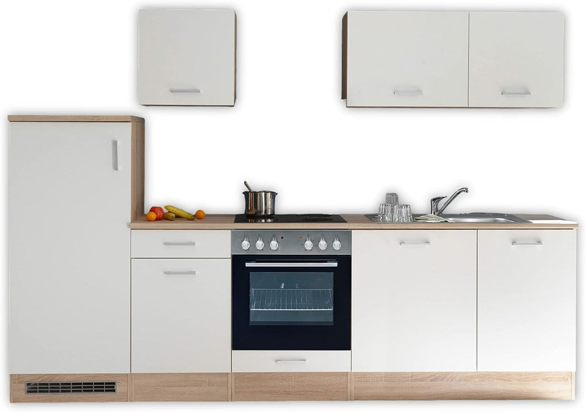 Cocina lineal moderna Stella Trading sin electrodomésticos en aspecto roble Sonoma, blanco mate - Cocina equipada espaciosa con mucho espacio de almacenamiento - 280 x 195 x 60 cm (ancho/alto/fondo)