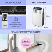 Aire acondicionado portátil Klarstein con manguera de escape, unidad 4 en 1 con ventilador, deshumidificador y modo nocturno, aire acondicionado pequeño y portátil para el hogar y la oficina, bajo consumo, 9000 BTU