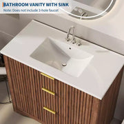 Conjunto de tocador de baño moderno estriado con lavabo de cerámica integrado, mueble de baño independiente con 3 cajones para baño contemporáneo