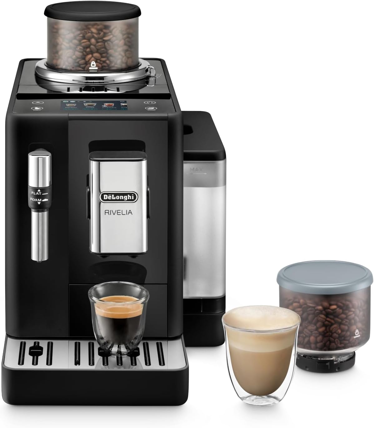 Cafetera superautomática De'Longhi Rivelia EXAM440.55.W con sistema de leche LatteCrema, recipiente de granos intercambiable, 16 bebidas de café y leche con solo tocar un botón, función Extra-Shot, pantalla táctil de 3,5 pulgadas, color blanco