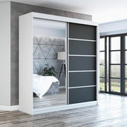 A&J MöbelLand Armario con puertas correderas GAPI, armario de 2 puertas con espejo, ropero de 160 cm (blanco/negro/negro)