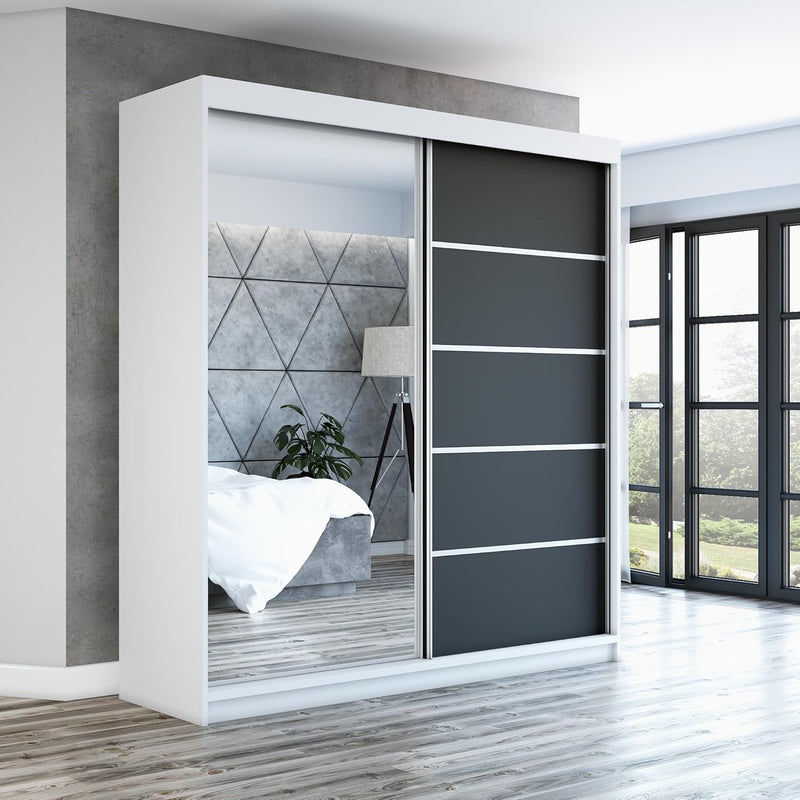 A&J MöbelLand Armario con puertas correderas GAPI, armario de 2 puertas con espejo, ropero de 160 cm (blanco/negro/negro)