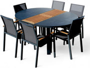 ALEOS. Conjunto de jardín, set de aluminio y teca con mesa redonda extensible de 120 cm a 160 cm + 6 sillas apilables, color antracita Trinidad