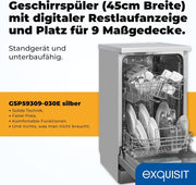 Lavavajillas Exquisit, 9 cubiertos, lavavajillas 45 cm, Power+, modo ECO, lavavajillas 45 cm, GSP59109-030E plateado