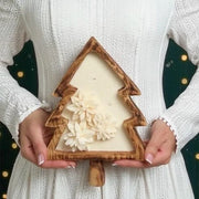 Cuenco de madera en forma de árbol de Navidad con copos de nieve o flor de Pascua, vela de soja, 100% cera de soja natural, mechas de madera, 26 cm x 19 cm
