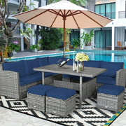 Conjunto de muebles de comedor para patio de 7 piezas de ratán con sofá seccional, mesa de comedor, otomanas y cojines