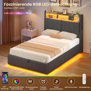 AOGLLATI Cama 90x200 con almacenamiento hidráulico, cama juvenil 90x200 con iluminación LED y estación de carga, cama tapizada individual, cama infantil con cabecero con almacenamiento, sin colchón (gris oscuro, 90x200 cm)