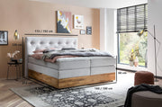 Cama boxspring Belanoti MARBO 160x200 con arcón, colchón de muelles ensacados de 7 zonas incluido, topper viscoelástico, cama 160x200 de roble en color gris blanco, firmeza H2/H3, cama tapizada con madera maciza de roble