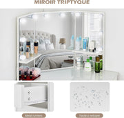 Tocador con espejo de tres paneles y taburete, tocador esquinero con espejo, taburete, 2 compartimentos y 5 cajones, mesa de maquillaje moderna blanca para mujer, regalo con LED