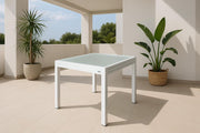 Mesa de jardín extensible MOMMA HOME de aluminio y vidrio templado - Mesa cuadrada extensible de exterior - Dimensiones 90/150 x 90 x 74 cm (blanco)