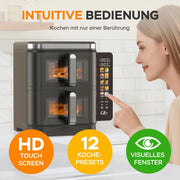 COBNN Freidora de aire vertical de doble compartimento, 11L Dual Zone Airfryer con pantalla a color plegable, 10 programas, ventana de visualización, material ignífugo V0, 2800W