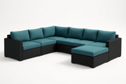 Sofá rinconero modular de resina trenzada negra con cojines de poliéster azul