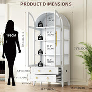 Vitrina de cristal arqueada LVSOMT con iluminación LED, mueble vitrina de 180 cm con puertas de cristal, vitrina curva con 4 estantes de exposición y 2 cajones, luz de 3 colores, vitrina de cristal y madera para salón y pasillo, blanco