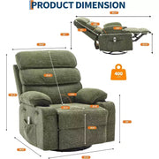 Sillón reclinable mecedor con masaje y calefacción, silla reclinable giratoria de 360 grados para adultos, silla de guardería de lino con bolsillo lateral y dos portavasos