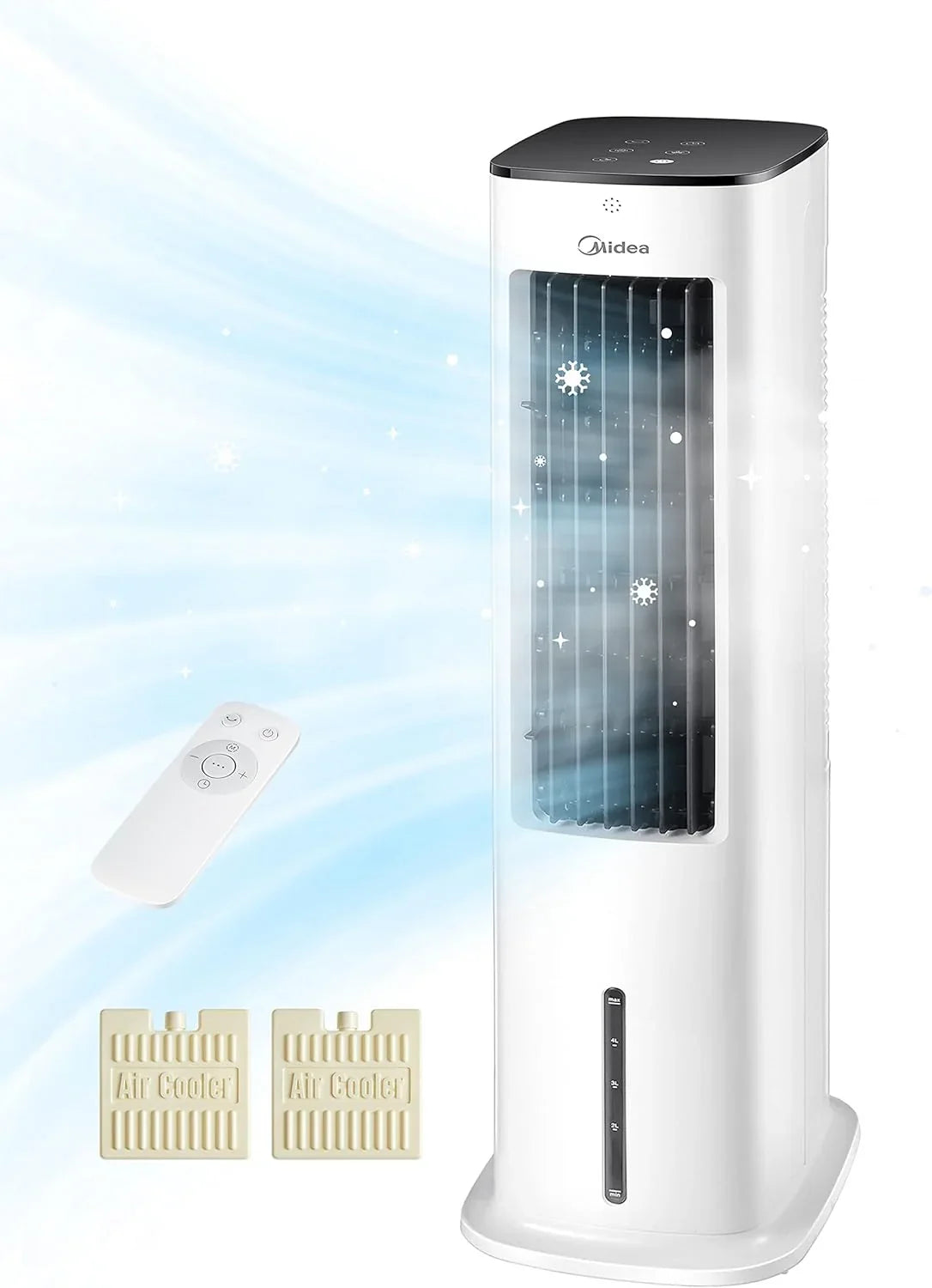 Enfriador de aire Midea con refrigeración por agua, aire acondicionado portátil, ventilador con depósito de 5 L, humidificador e ionizador, aire acondicionado sin tubo de escape, 355 m³/h, ventilador con mando a distancia, 55 W, blanco