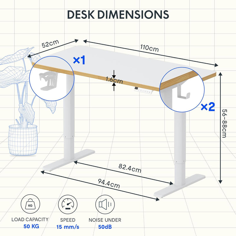 Escritorio infantil FLEXISPOT, escritorio eléctrico de altura regulable, para niños a partir de 6 años, con pantalla LED de altura, 3 memorias, bloqueo de seguridad para niños y tablero ergonómico de 110 x 52 cm