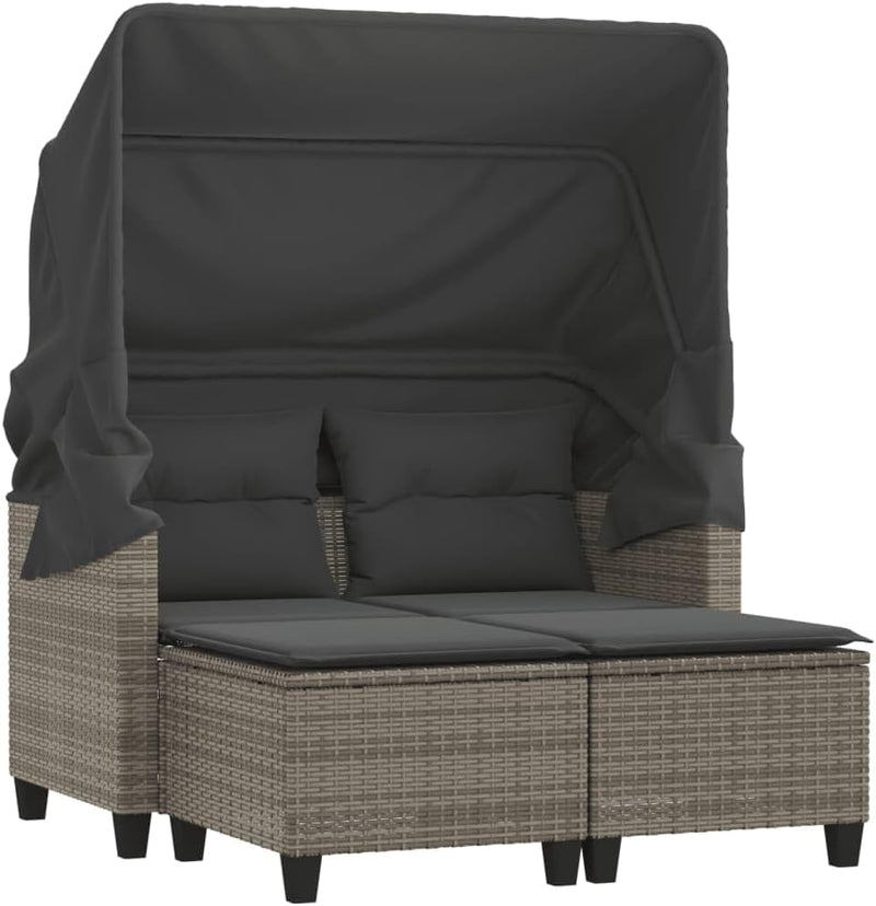 vidaXL Sofá de jardín de 2 plazas con techo y reposapiés, sofá de exterior, muebles de jardín, set de salón para patio, muebles de terraza biplaza, polirratán gris