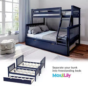 Litera de madera maciza Max & Lily, individual sobre matrimonial con nido de almacenamiento y escalera para niños