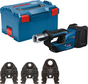 Herramienta de prensado a batería Bosch Professional 18V System GPT 18V-19 (fuerza de 19 kN, cabezal giratorio 360°, incl. mordazas de prensado Comp. TH16, TH20, TH26, L-BOXX)